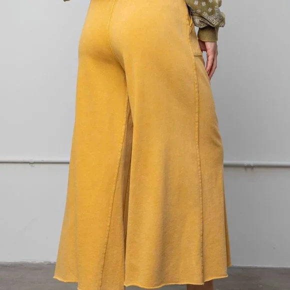 Easel Washed Terry Knit Wide Unfinished Trim Relaxed Mustard Pants - Picture 3 of 5